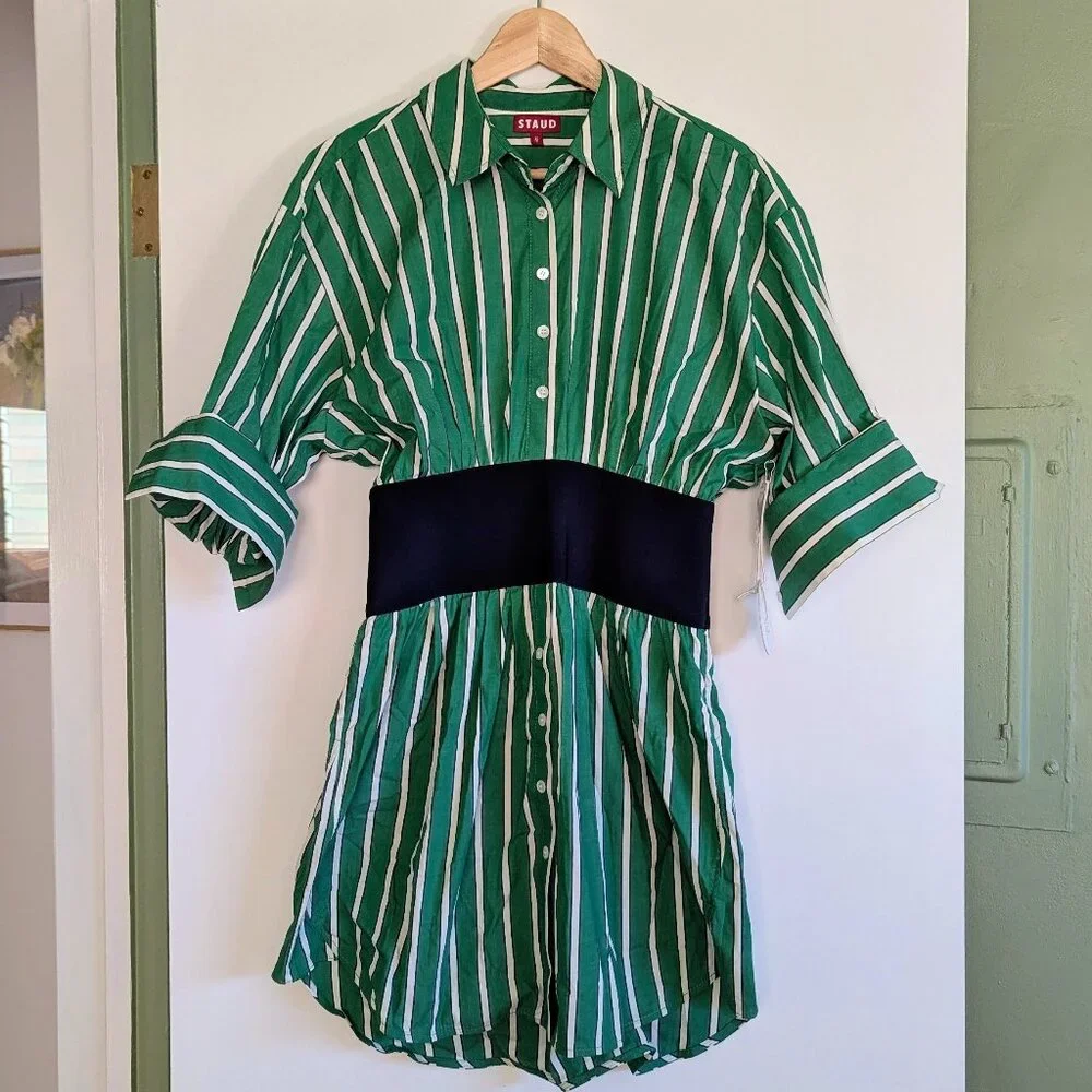 STAUD Michelle Striped Shirt Mini Dress Seaweed Green Size M NWT Chic Versatile - Picture 2 of 16